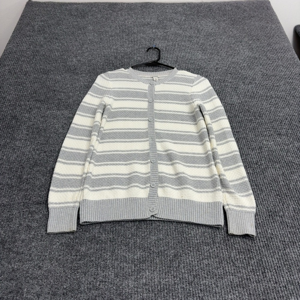 LL Bean Cardigan Womens S Gray White Cotton Blend Striped Waffle Knit Casual